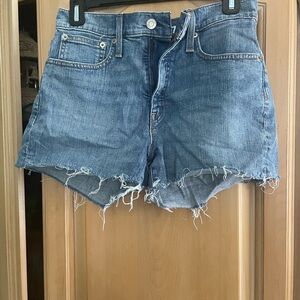Blue Jean Shorts with Frayed Hem and Distressed Details